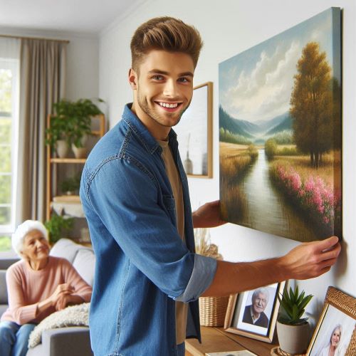 Junger Mann hängt ein Bild auf